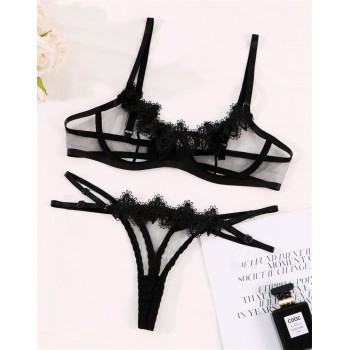 Sensual Lingerie Woman Transparent Lace Exotic Costumes Sheer Porn Intimate 2-Piece Underwire Bra Thongs 